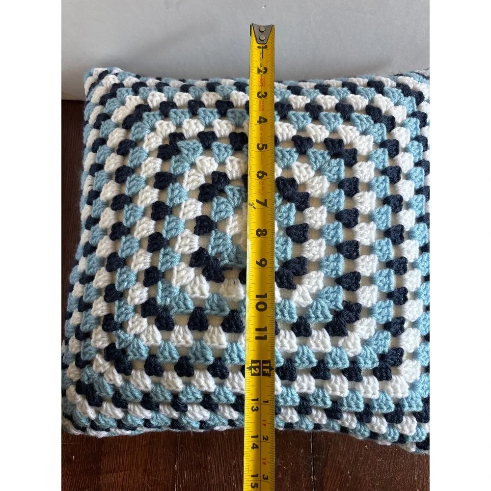 Handmade Crochet Granny Square‎ Throw Pillow Blue White 14x14 Decorative Cushion